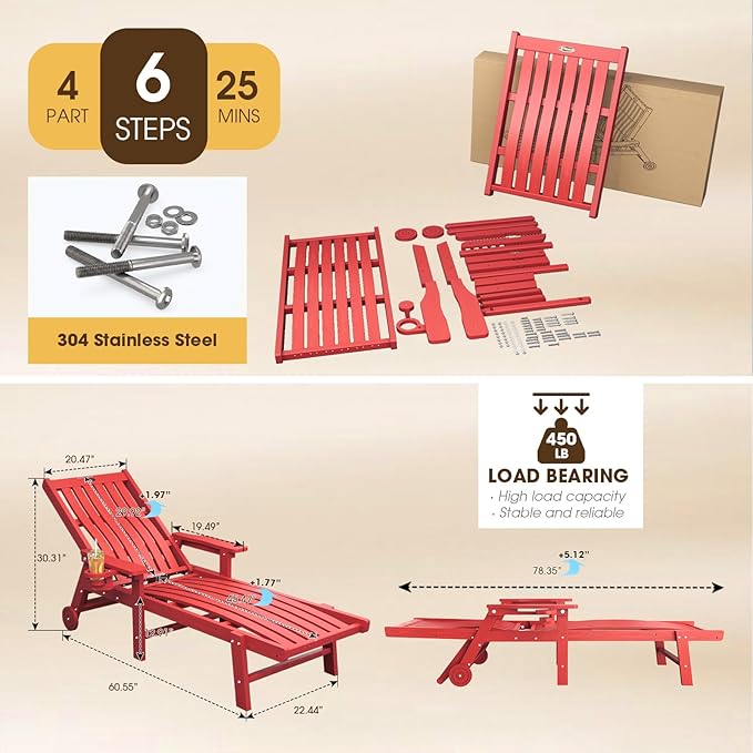 THOEOE Patio Chaise Lounge Chair Set of 2, Oversized Lounge Chair Outdoor with 5 Positions, 78″ Long, HDPE, Patio Lounge Chair with Wheels & Cup Holder for Pool, Deck, Poolside,Red