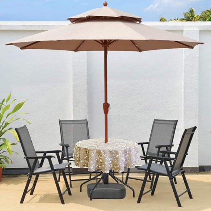 UMINEUX 60" Outdoor Round Tablecloth with Umbrella Hole and Zipper | Spring/Summer Waterproof Round Patio Table Cover for Picnic/BBQ/Garden, Khaki Moroccan