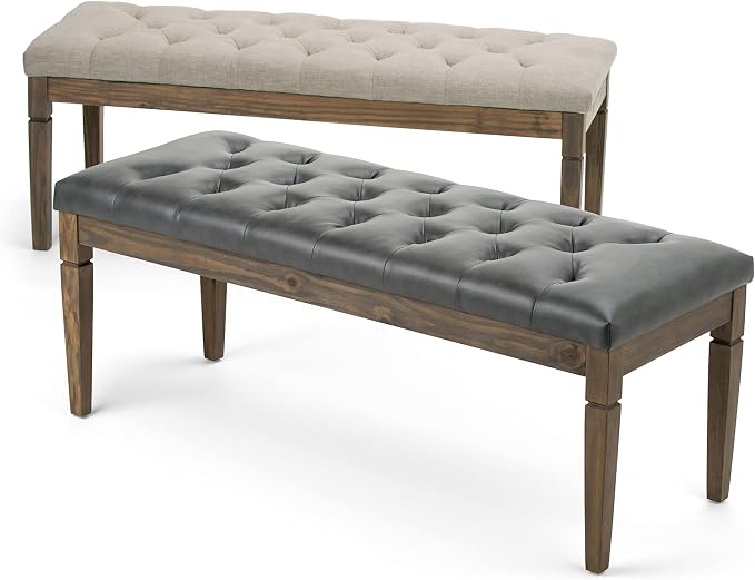SIMPLIHOME Waverly 48" Wide Linen Look Rectangle Ottoman in Natural | Natural linen look, traditional tufted ottoman bench with carved legs; perfect footstool or footrest for bedroom or entryway.