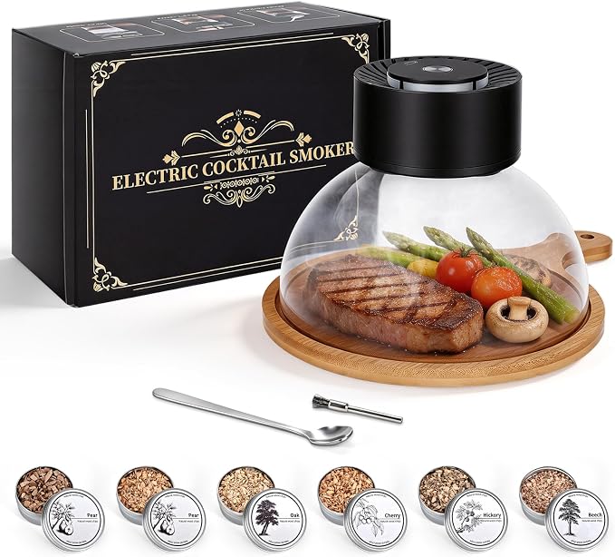 Umimile Electric Cocktail Smoker Kit, USB-C Rechargeable Torch-Free Whiskey Smoker for Cocktails and Food, Adjustable Smoke Control, Glass Cover, Wood Tray, 6 Wood Chips (7.09 inches)