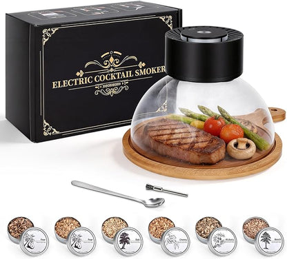 Umimile Electric Cocktail Smoker Kit, USB-C Rechargeable Torch-Free Whiskey Smoker for Cocktails and Food, Adjustable Smoke Control, Glass Cover, Wood Tray, 6 Wood Chips (7.09 inches)
