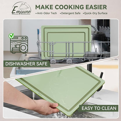 Empune 3-Piece Plastic Cutting Boards for Kitchen - Thick & Non-Slip Chopping Board Set with Juice Grooves, Dishwasher Safe, BPA Free, Includes Large & Small Sizes, Green