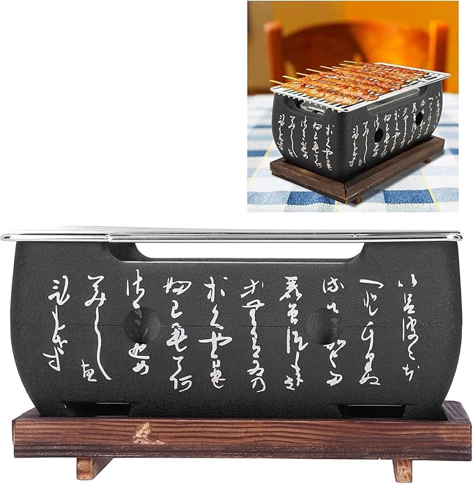 Japanese Charcoal Barbecue Grill, Household Aluminium Alloy Japanese BBQ Grill with Wire Mesh and Wooden Base Portable Barbecue Stove for Outdoor Camping Picnic