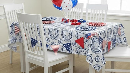 Newbridge Blue Tie Dye Vinyl Tablecloth, 60 x 120 Inch Rectangle – Flannel Backed Blue and White Table Cover for Dining, Picnics, BBQs, and Parties