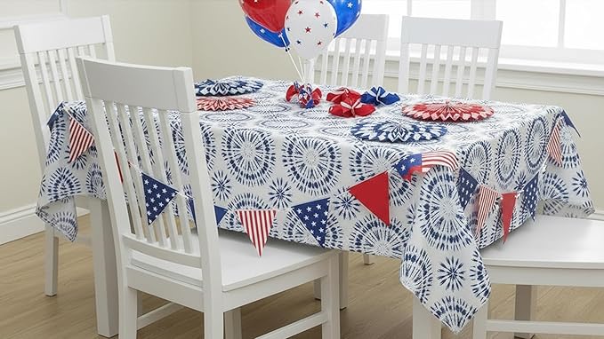Newbridge Blue Tie Dye Vinyl Tablecloth, 60 x 102 Inch Rectangle – Flannel Backed Blue and White Table Cover for Dining, Picnics, BBQs, and Parties