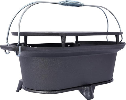Portable Oval Cast Iron Charcoal Grill for Outdoor Camping BBQ, Tabletop Hibachi Grill with Skillet, Durable Small Smoker for Grills & Smokers, Asador de Carbon,A1