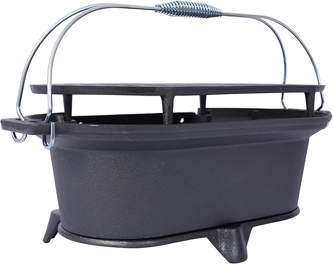 Portable Cast Iron Grills Outdoor, Oval Tabletop Charcoal Grill with Skillet, Durable Small Hibachi Griller for Camping, Tailgating, BBQ, Hunting, 19.6 Inches, Black, 26 lbs