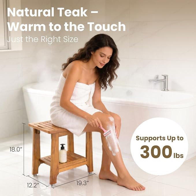 NNN 21" Standard Teak Shower Bench with Japan-Made Non-Slip Leveling Feet | US Patented Design, Marine-Grade Hardware, Pre-Oiled European Teak Oil, Ready, 300lb, for Showers Spa Sauna & Outdoor Pools