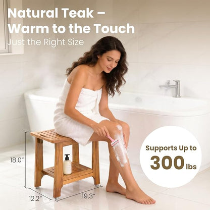 NNN 21" Standard Teak Shower Bench with Japan-Made Non-Slip Leveling Feet | US Patented Design, Marine-Grade Hardware, Pre-Oiled European Teak Oil, Ready, 300lb, for Showers Spa Sauna & Outdoor Pools