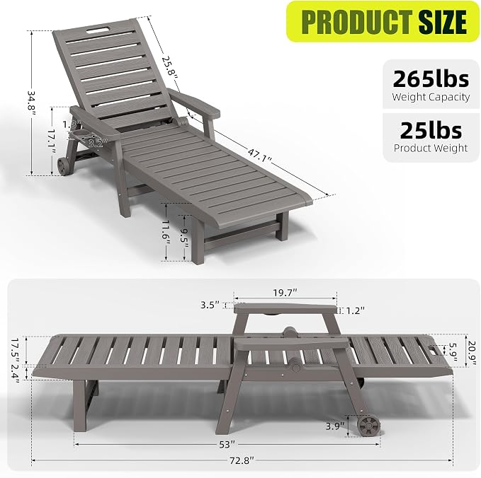 Outdoor Chaise Lounge Chair Set of 4, HDPE All-Weather Pool Lounge Chair with 5 Positions, Wheels & Cup Hoplder for Pool, Beach, Garden (Grey)