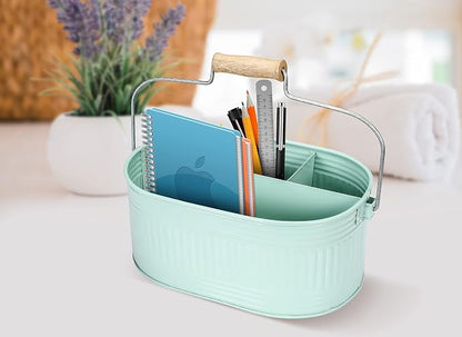 Alpha Living Home Farmhouse Utensil Caddy Carry-All Serveware-Galvanized Metal Organizer for Kitchen Counter-Comfort Wooden Handle In/Outdoor Storage For Flatware,Condiments,Party Cutlery,Arts-TEAL
