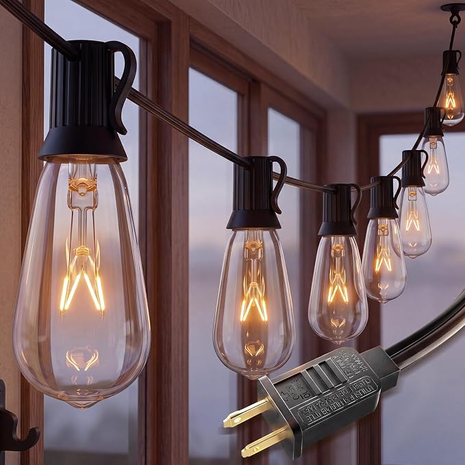 10Ft Outdoor String Lights Waterproof, Hanging Patio Lights with 11 Edison Bulbs (1 Spare), ST40 Vintage Edison Bulbs String Lights for Indoor Garden Backyard Party Wedding Balcony Decor- Black
