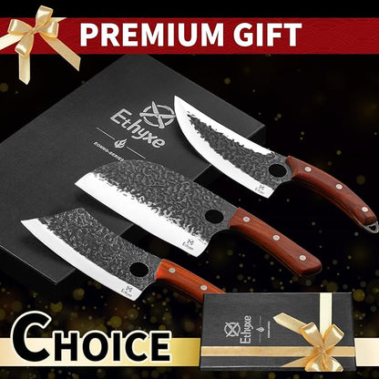 Butcher Knife Set – 3PCS Hand Forged Kitchen Knife Set with Serbian Chef Knife, Viking Boning Knife & Meat Cleaver, High Carbon Steel for Meat Cutting, Outdoor BBQ, Camping, Gift for Men
