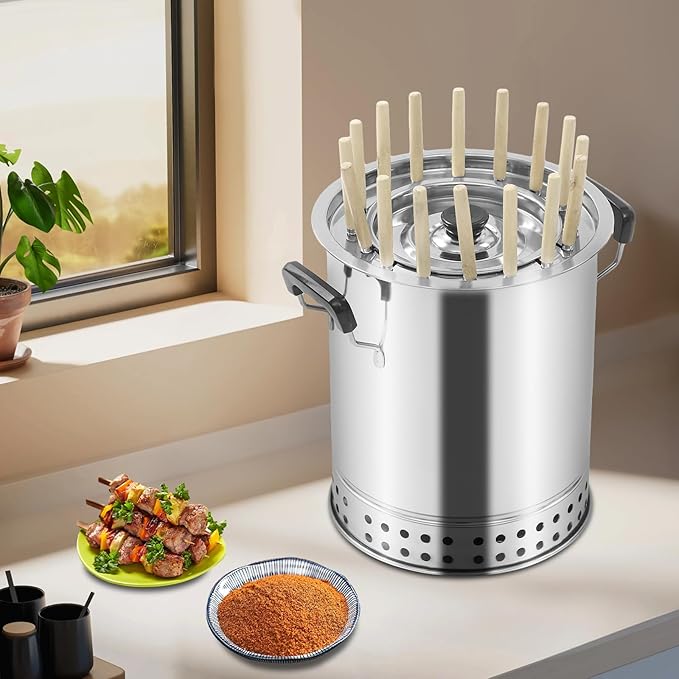 Stainless Steel Barbecue Barrel, Compact BBQ Charcoal Grill, Portable Barbecue Charcoal Barrel with 16 Skewers and Oil Drip Pan for Picnics Camping Traveling Parties BBQs, 10"D x 12"H