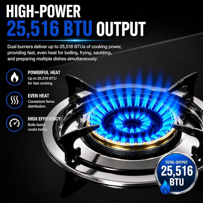 XtremepowerUS 2 Burner Propane Gas Stove, 25,516 BTU Portable Camping Cooktop with Auto Ignition, Tempered Glass Top, LPG Outdoor Cooking Stove Camping, Tailgating, RV, Emergency & Backyard Cooking