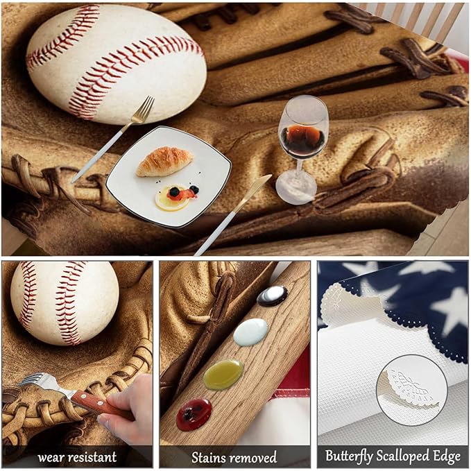 Swono Decorative Rectangle Table Cloth American Flag, Vintage Baseball Bat Glove On USA Flag Polyester Tablecloth Kitchen Table Cover for Dining BBQ Picnic Coffee Table 50x72, 4-6 Seats
