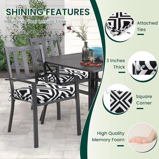 HARBOREST Outdoor Chair Cushions Set of 4, Water Resistant Patio Chair Cushions with Ties, Square Corner Outdoor Seat Cushions for Patio Furniture, 18.5"x16"x3", Black/White Diamond