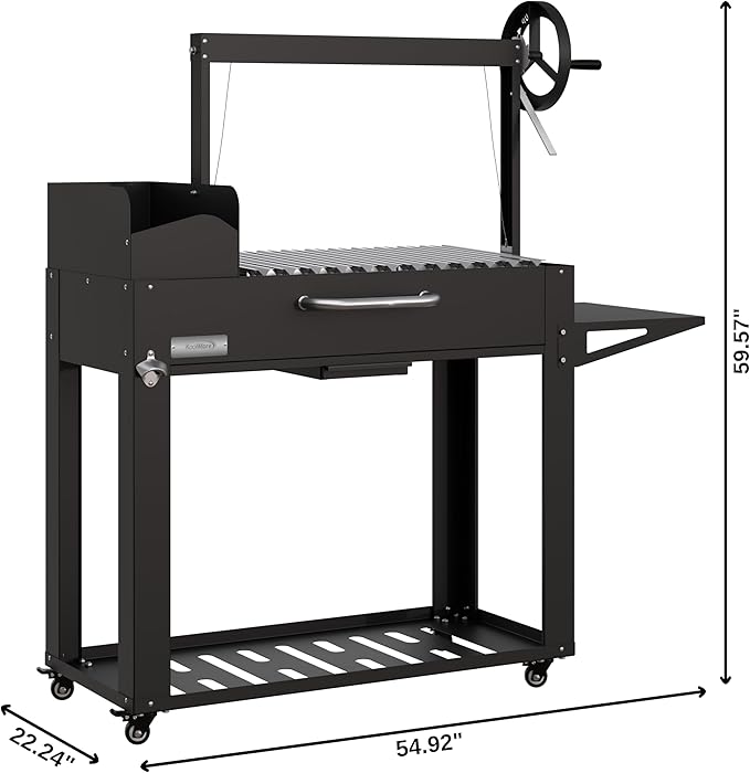 KoolMore 54 in. Charcoal BBQ Grill, Santa Maria Argentine Outdoor Grill with Interchangeable V Grates, Large Barbecue Grill for Outdoor Cooking, Black