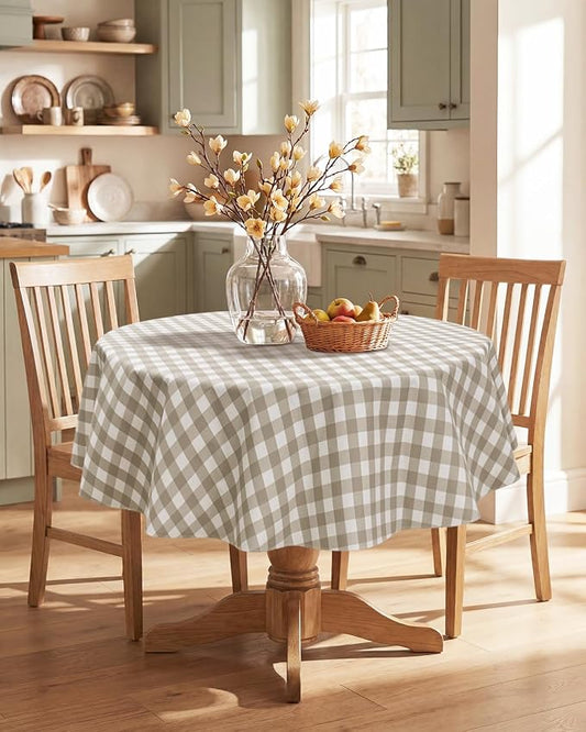 Seenus Khaki Gingham Cottage Vinyl Round Tablecloth with Flannel Backing, Waterproof & Wipeable Checkered Table Cloth for Farmhouse Kitchen Patio Garden, 60 Inch Circular (Fits 30-48" Tables)