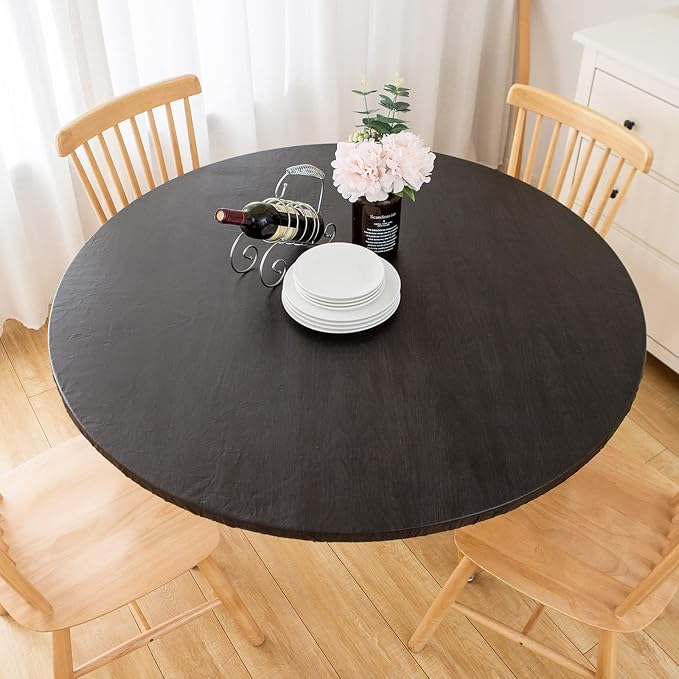 LIBERECOO Round Vinyl Fitted Tablecloth with Flannel Backing Elastic Edge Table Cover Waterproof Stain-Resistant Wipeable Tablecloths Fits 40-44" Round Tables