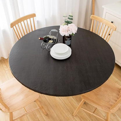 LIBERECOO Round Vinyl Fitted Tablecloth with Flannel Backing Elastic Edge Table Cover Waterproof Stain-Resistant Wipeable Tablecloths Fits 45-56" Round Tables