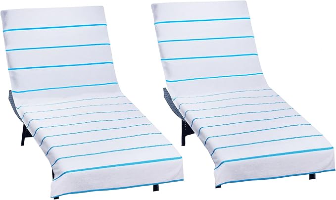 COTTON CRAFT Pool Lounge Chair Cover - 2 Pack Terry Towel Chaise Lounge Cover - Soft Cotton Absorbent Striped Towel Beach Chair Cover - Oversized 32 in W x 82 in Length x 7 in Pocket – White Aqua
