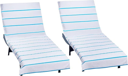 COTTON CRAFT Pool Lounge Chair Cover - 2 Pack Terry Towel Chaise Lounge Cover - Soft Cotton Absorbent Striped Towel Beach Chair Cover - Oversized 32 in W x 82 in Length x 7 in Pocket – White Aqua