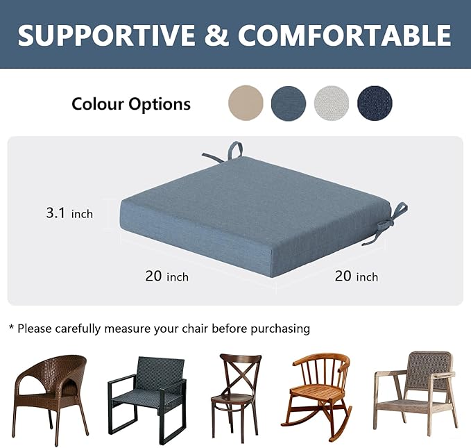 Goodgoods 20 x 20 Sunbrella Outdoor Chair Cushions Set of 4, Fade-Resistant & Water-Resistant Patio Seat Cushion Pads with Ties, 30D High-Resilience Foam for Dining Room Kitchen Chairs, Spectrum Denim