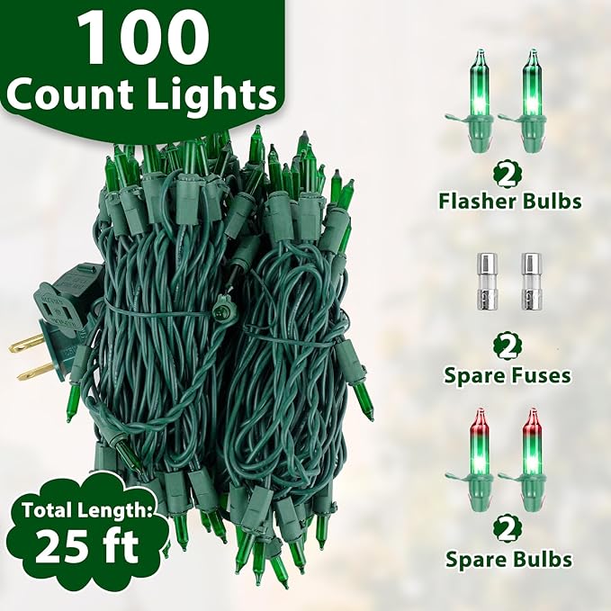 Green Christmas Lights, Green String Lights 25FT 100 Incandescent Bulbs with Green Wire for Christmas Tree, Garland, Indoor & Outdoor St Patricks Day Decoration