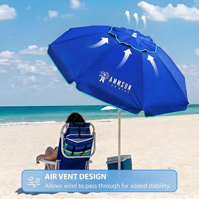 AMMSUN 6.5ft twice folded Portable beach umbrella with sand anchor windproof, Push Button Tilt and Air vent UPF 50+ Protection Fits in a large Suitcase for Patio Garden Beach Pool Backyard Blue