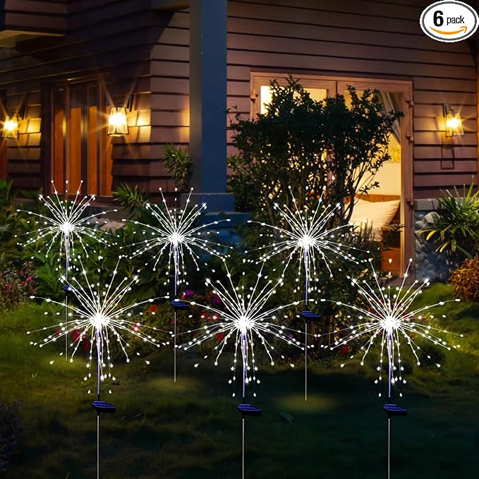 Christmas Solar Garden Firework Lights Outdoor Waterproof, 6 Pack Solar Powered Art Stake Twinkle Lighting for Outside Decor, 120 LED Sparklers String Lights for Yard Pathway Decorations (White)