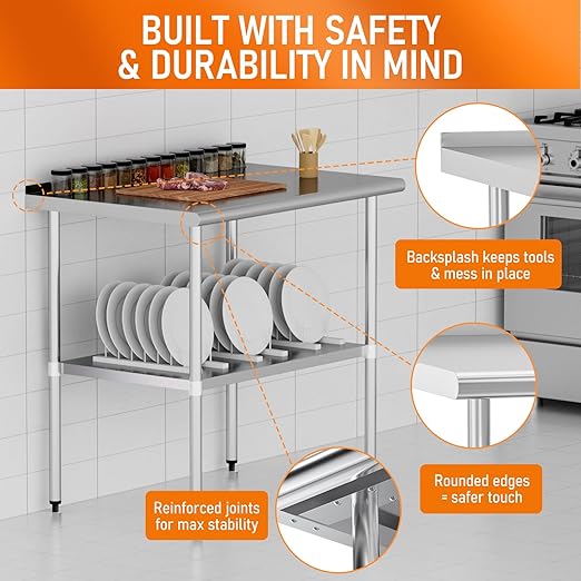 HOCCOT Stainless Steel Table 24" x 36" with Adjustable Undershelf and Backsplash, Commercial Metal Workstations for Kitchen, Garage, Outdoor BBQ