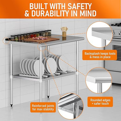 HOCCOT Stainless Steel Table 24" x 36" with Adjustable Undershelf and Backsplash, Commercial Metal Workstations for Kitchen, Garage, Outdoor BBQ