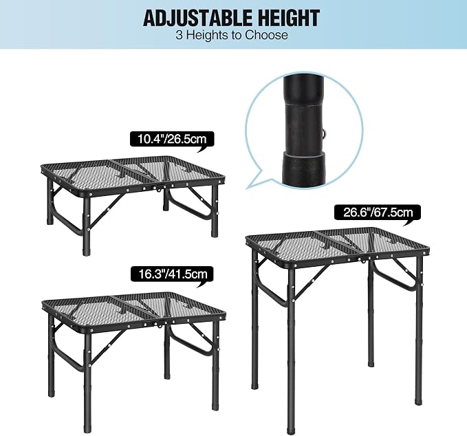 Folding Grill Table, Lightweight Height Adjustable Aluminum Table with Mesh Desktop and Mesh Bag for Outdoor Camping Picnic BBQ, Small 2 Feet, Black