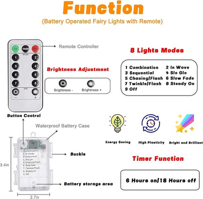 2 Pack 100 LED Fairy Lights Battery Operated with Remote, 33 FT Multicolor | Cuttable, 8 Modes, Memory, Dimmable, Waterproof Battery String Lights with Timer for Indoor Outdoor, Christmas Decorations