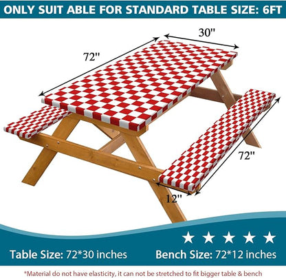 Picnic Table Cover with Bench Covers and Bag, Red and White Checkered Gingham Buffalo Plaid Camping Tablecloth Waterproof Windproof Elastic Edges Fitted Tablecloths for Outdoor Garden 3PCS 30x72 Inch