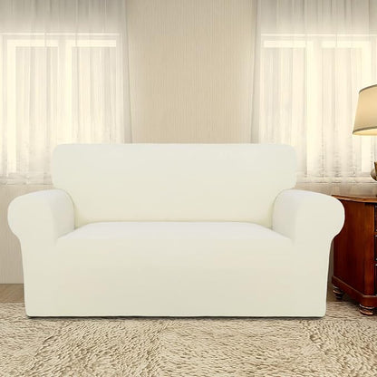 PureFit Stretch Loveseat Covers Fleece Couch Covers for Sofa Ivory | 1-Piece Sofa Slipcover Soft Couch Protector, Sofa Cover Washable with Non Skid Foam and Elastic Bottom for Kids, Dogs
