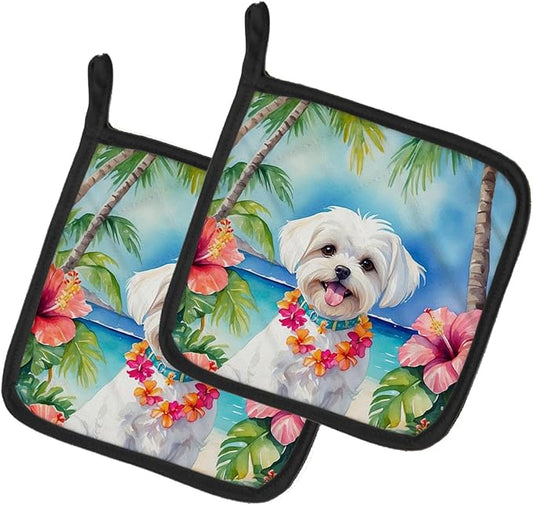 Caroline's Treasures Maltese Luau Pair of Pot Holders Kitchen Heat Resistant Pot Holders Sets Oven Hot Pads for Cooking Baking BBQ, 7 1/2 x 7 1/2