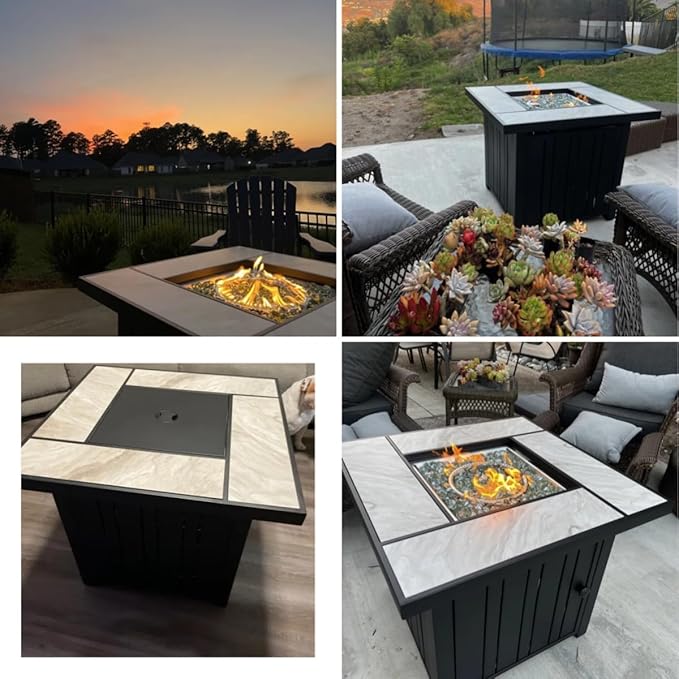 OutVue 30" Propane Fire Pit with Real Ceramic Tabletop, 50000 BTU Gas Firepit Table with Lid & Glass Rock, Outdoor Fire Pit for Dining or Party, Firepit for Outside, Patio, Garden, Yard
