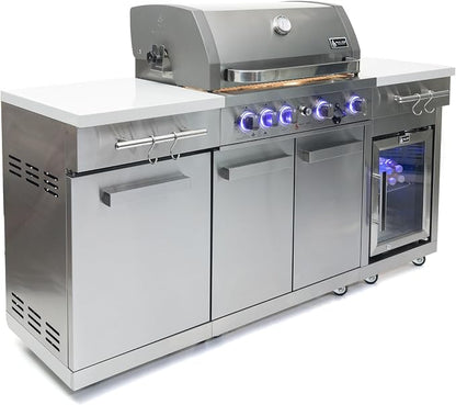 Mont Alpi Premium 70"W x 24"D Stainless Steel Outdoor Kitchen Island with Refrigerator + 32"W 4-Burner BBQ Grill + Infrared Burner + Storage Cabinets + Granite Countertops + Natural Gas Conversion Kit