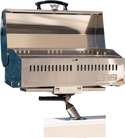 Magma Cabo Grill - Marine-Grade Stainless Steel Barbecue Grill for Boats - Portable Propane Gas with 9”x18” Grilling Surface - Heat-Resistant Handle, Fold-Away Legs - Ideal Boat Accessory