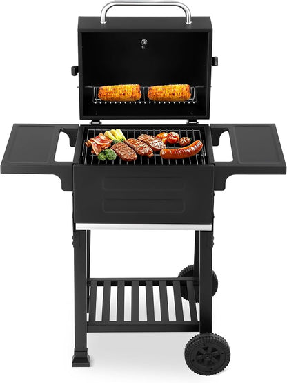 Small Charcoal Grill, 200.82 Sq. In. Outdoor BBQ Grill | Compact design, 3-level adjustable charcoal pan, thermometer, two side tables, warming rack, wheels and removable ash tray