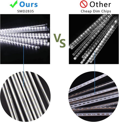Aluan Christmas Lights Outdoor Meteor Shower Lights White 16 Inch 10 Tubes 360 LED Falling Rain Light Waterproof Snowfall Dripping Icicle Light for Xmas Tree Holiday Decoration Yard Porch Patio