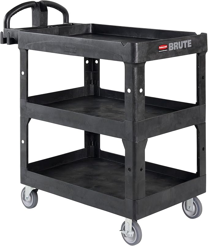 Rubbermaid Commercial Brute 3-Shelf Heavy-Duty Utility/Service Cart, Medium, High Storage, Lipped Shelves, Ergonomic Handle, 600 lb. Capacity, Ideal for Warehouse/Garage/Cleaning/Maintenance/Office