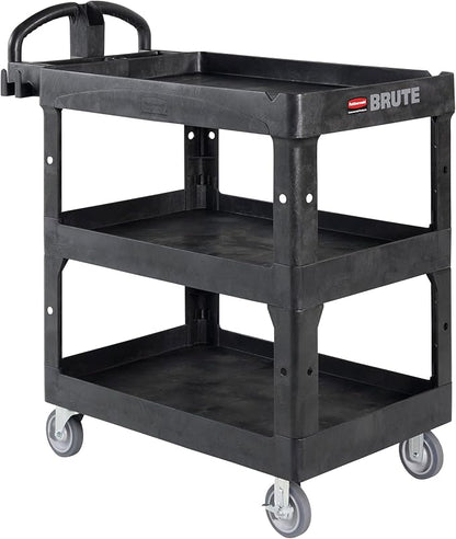 Rubbermaid Commercial Brute 3-Shelf Heavy-Duty Utility/Service Cart, Medium, High Storage, Lipped Shelves, Ergonomic Handle, 600 lb. Capacity, Ideal for Warehouse/Garage/Cleaning/Maintenance/Office