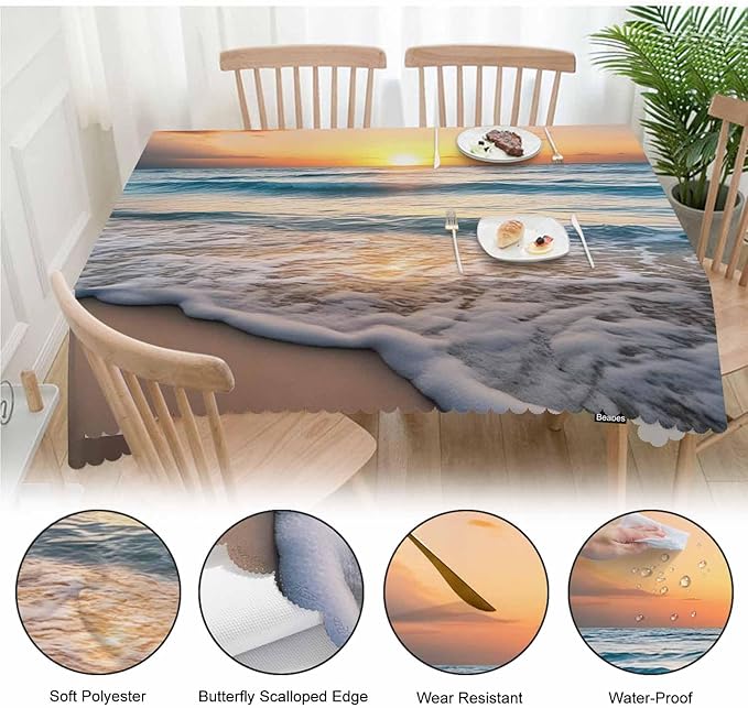 Sandy Beach Table Covers Paradise Ocean Beach Sunset Turquoise Heavy Weight Tablecloth Picnic Table Cloth for Kitchen Dinning Tabletop Outdoor BBQ Buffet Rectangle 52x70 Inch