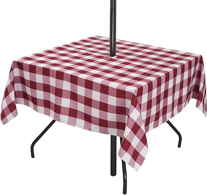 Poise3EHome Square Outdoor Tablecloth with Umbrella Hole and Zipper,Burgundy Checkered 60x60 Inch,SpillProof Washable Table Cloth for Spring Summer Patio Garden Poolside Picnic Camping BBQS