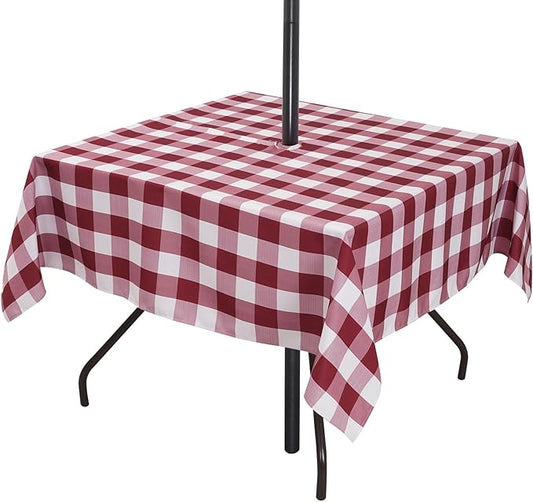 Poise3EHome Square Outdoor Tablecloth with Umbrella Hole and Zipper,Burgundy Checkered 60x60 Inch,SpillProof Washable Table Cloth for Spring Summer Patio Garden Poolside Picnic Camping BBQS