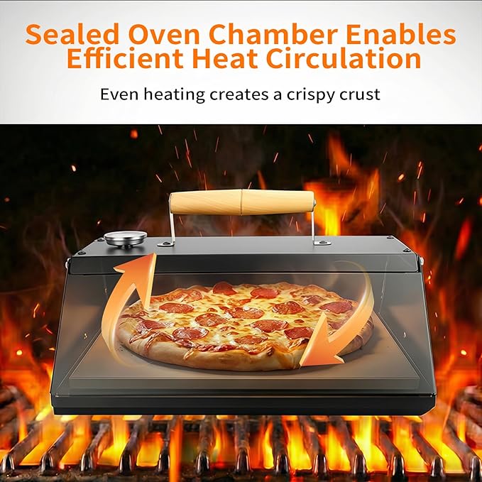 Outdoor Pizza Oven for Grill, Grill Top Pizza Oven with Pizza Stone & Thermometer, Stainless Steel Pizza Oven Accessory for Gas, Charcoal & Propane Grills, for Backyard Pizza Nights, Outdoor Cooking