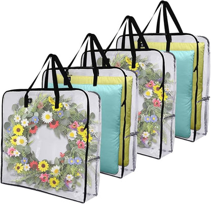 VENO 4 Pack Summer Wreath Storage Bag, Spring, Christmas Decoration Garland Container, 30 Inch Clear Door Wreath Organizers, Moving Boxes, Packing Supplies for College (Square - 4 Pack)